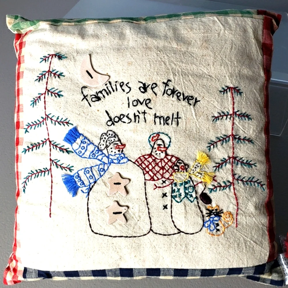 Holiday Pillow 'Families are forever love doesn't melt' Stiched Snow Family Farm